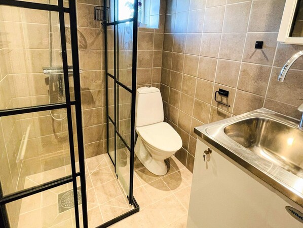A bathroom with a glass-enclosed shower, a toilet, and a sink.