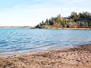 Ranta, jossa on hiekkaranta ja taustalla metsäinen alue.