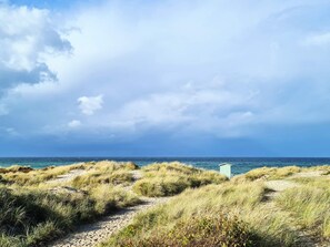 A coastal landscape with a sandy path leading to a small building, under a partly cloudy sky. - 8 Person Holiday Home in Frederiksvaerk (Frederiksvaerk)