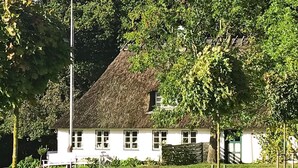 A white house with a thatched roof, surrounded by greenery and rocks.