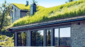 A modern house with a green roof, large windows, and a stone exterior. - 4 Star Holiday Home in Favang (Ringebu)