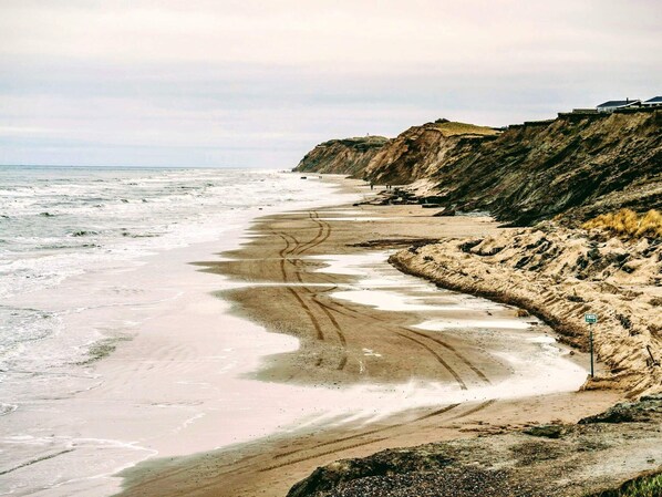 Une plage avec un rivage sablonneux, une falaise et un panneau indiquant une zone protégée.