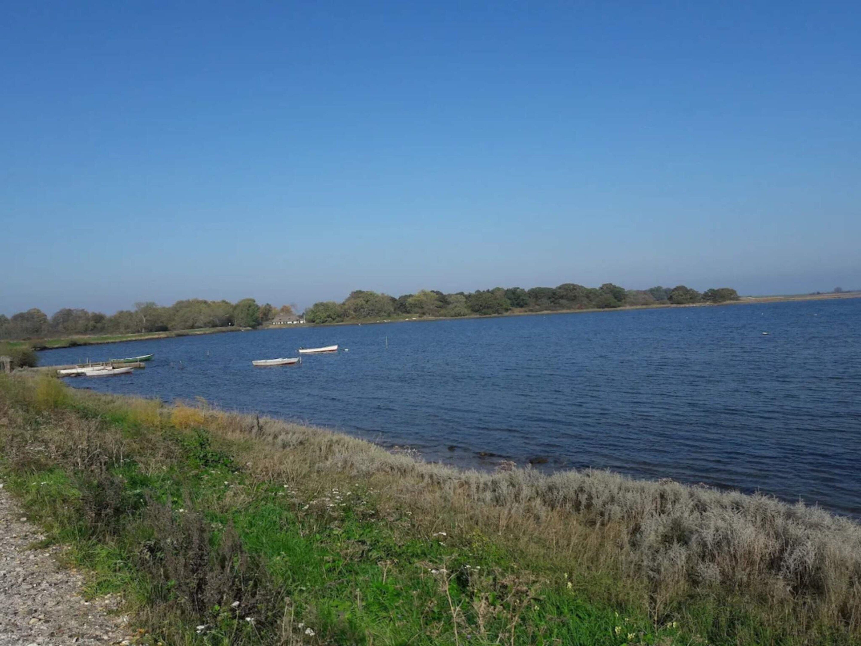 A calm river with boats, grassy banks, and a clear sky.