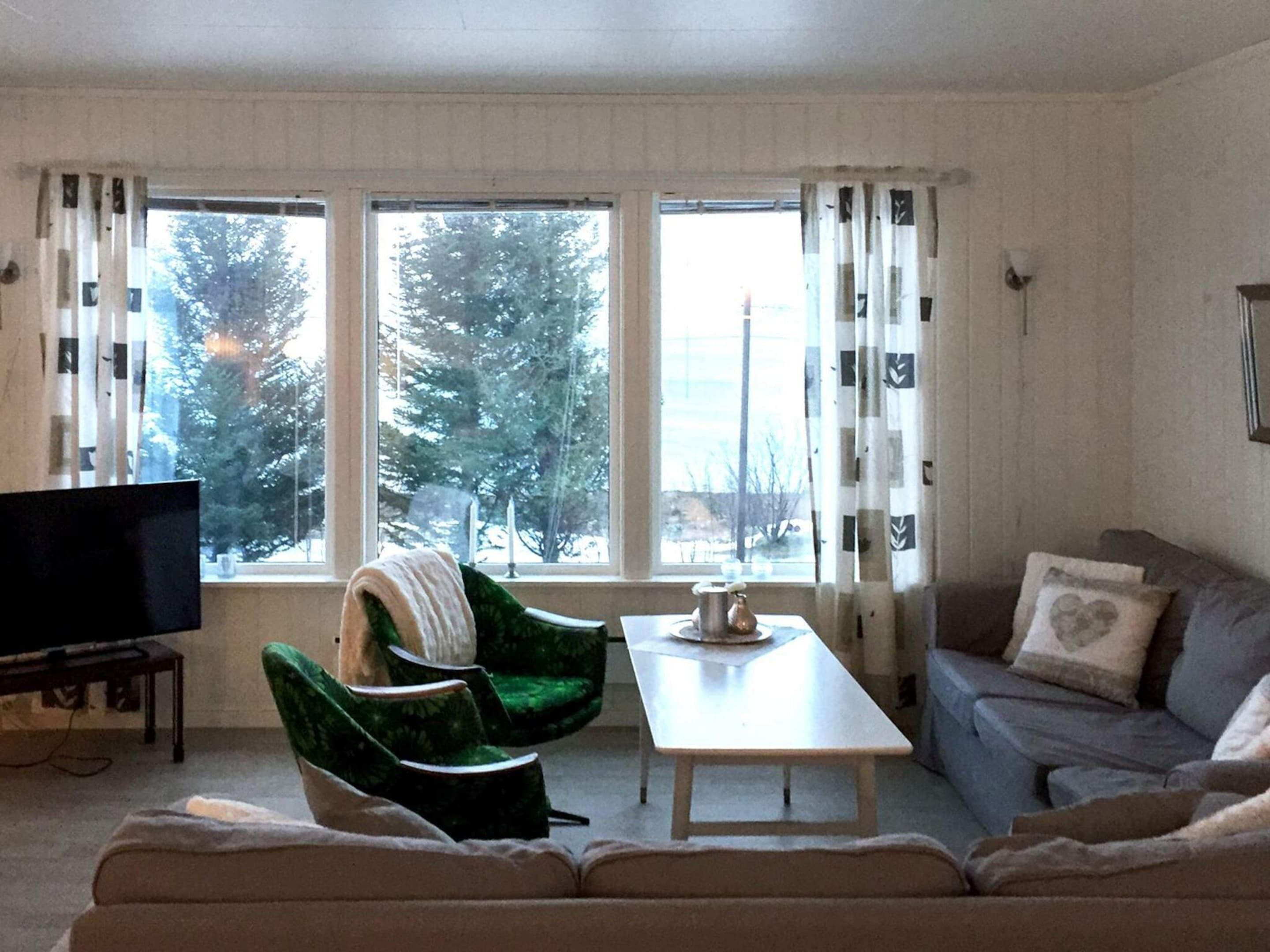 Een woonkamer met een bank, een groene fauteuil, een salontafel en een televisie.