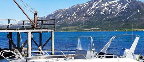 A boat docked at a pier with a mountainous backdrop.