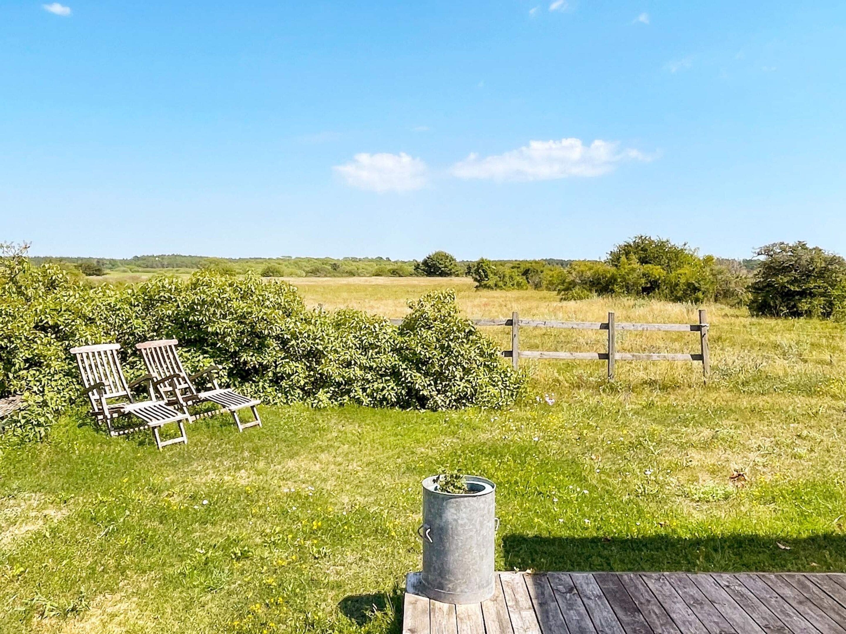 A grassy outdoor area with a wooden deck, a metal trash can, and a wooden fence.
