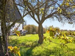 A rural landscape with a barn, a tree, and a truck in a grassy field.