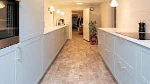 A modern kitchen with light grey cabinets, a black countertop, and a tiled floor. - 5 Star Holiday Home in Laeso (Læsø)