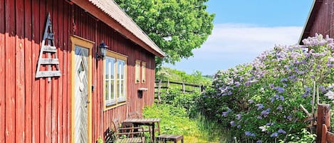 A red wooden building with a door and windows, a wooden bench, and a gravel path leading to a garden with purple flowers.
