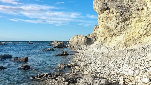 Eine felsige Küstenlinie mit klarem, blauem Wasser und einer steilen Klippe.