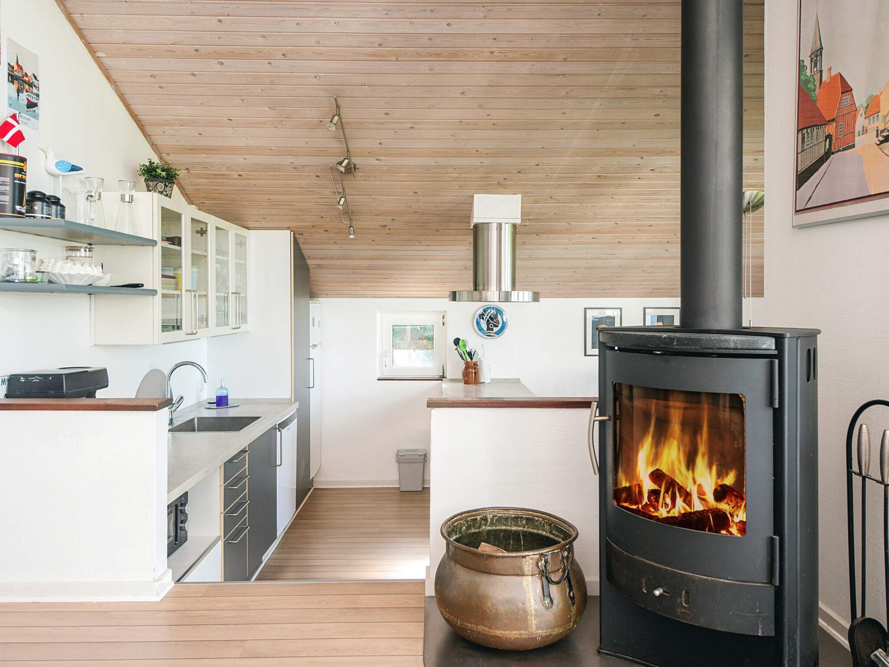 A modern kitchen with a wood-burning stove, white cabinetry, and a wooden ceiling.