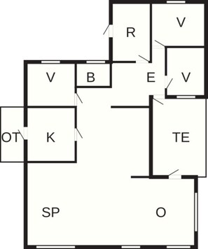 Un plan d’étage indiquant les différentes pièces, avec les abréviations suivantes : SP, O, K, B, R, E, V et TE.