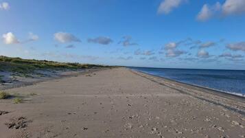 En bred sandstrand med fodaftryk, en klar himmel og fjerne klitter.