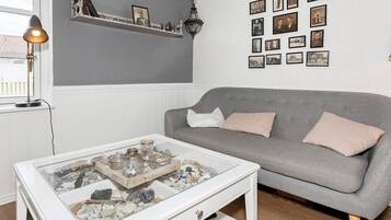 En stue med en grå sofa, et glasbord med sten, en vægmonteret hylde med billeder og en hængende lampe.