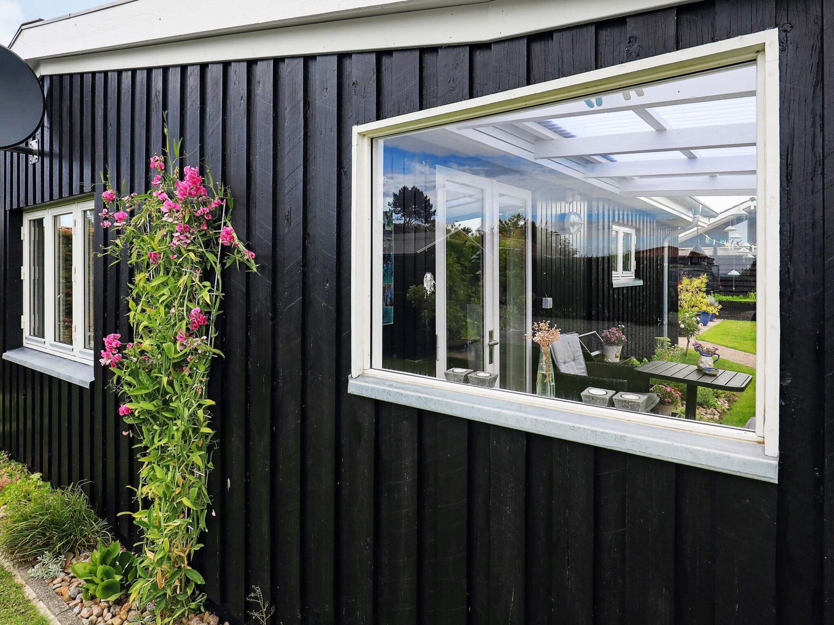 A black exterior wall with a window and a climbing plant with pink flowers.
