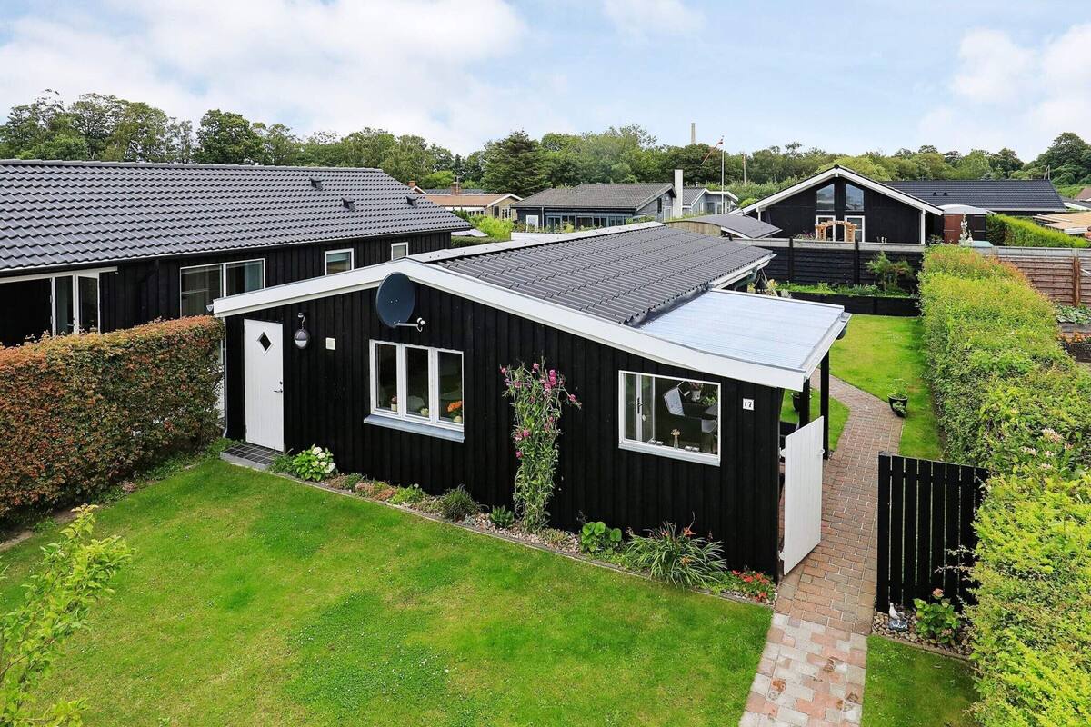 A row of black houses with satellite dishes, surrounded by well-maintained gardens and a clear sky.