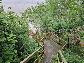 A wooden staircase leading through dense foliage towards a beach. - 5 Person Holiday Home in Hejls (Hejls)
