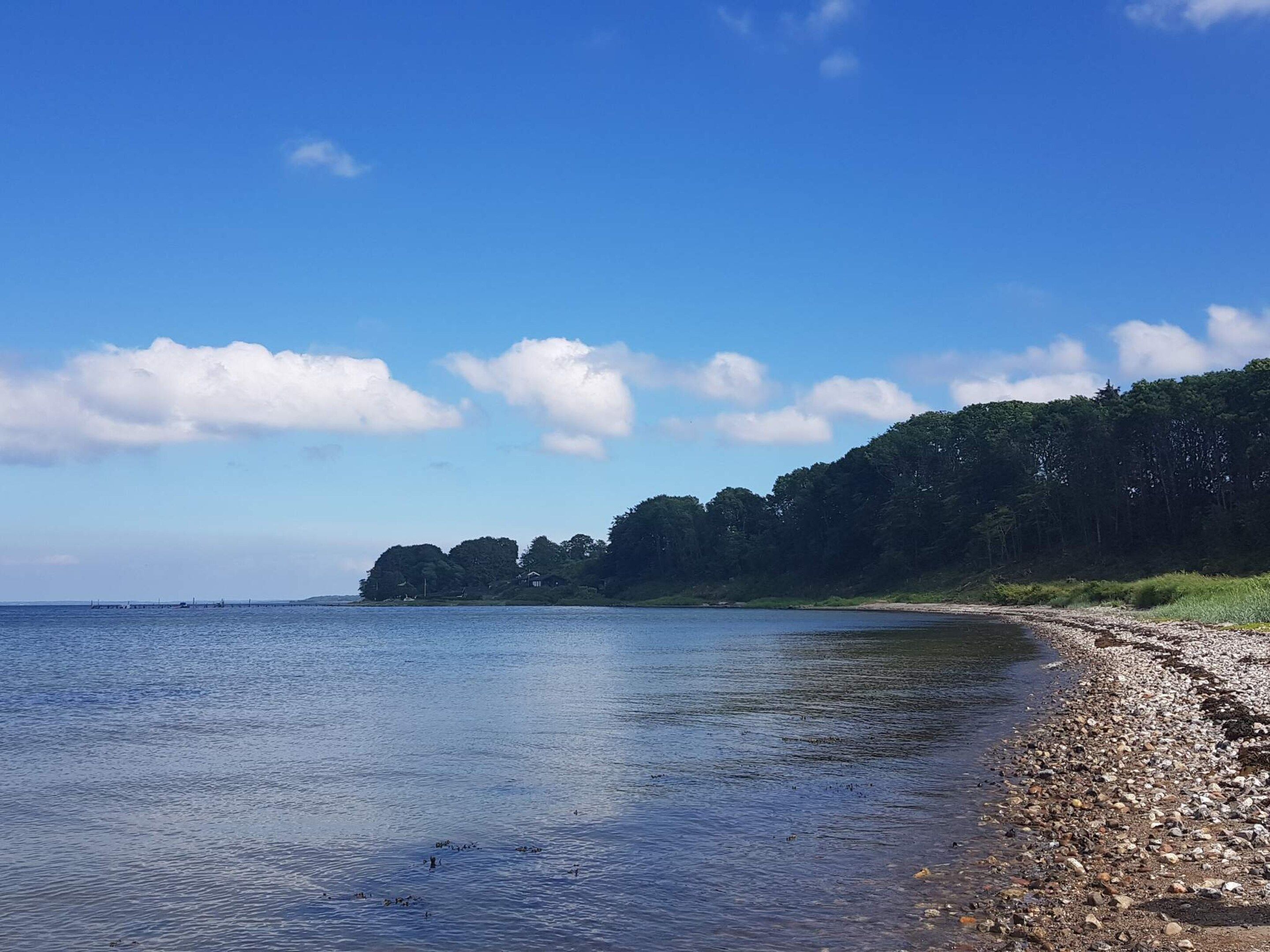 A calm beach with a rocky shoreline, clear sky, and a forested hill in the background.