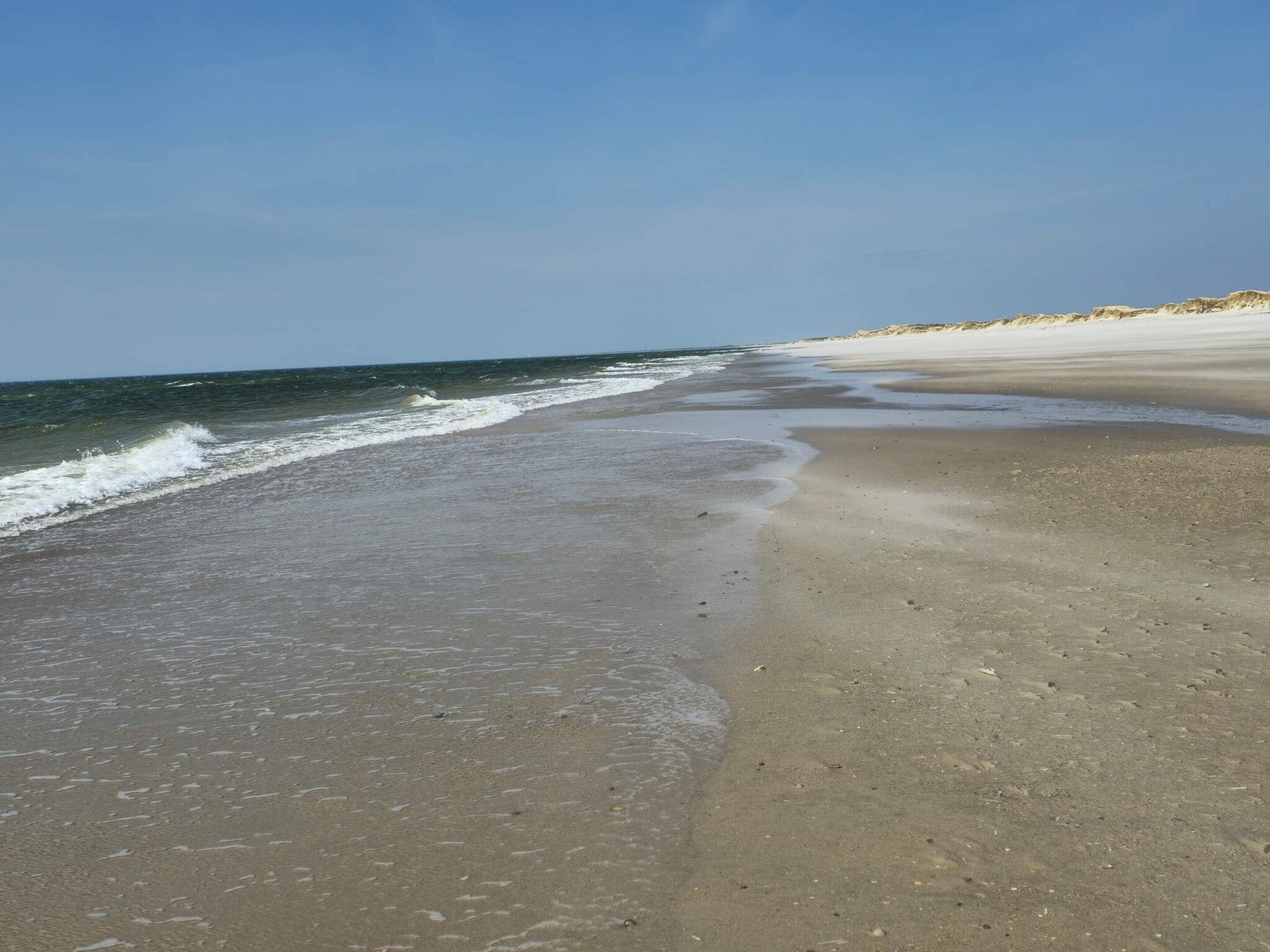 A beach with a sandy shore, waves, and a clear sky.