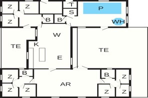 En planritning över ett hotellvÄningsplan med flera rum som Àr mÀrkta med förkortningarna TE, AR, W, E, K, B, Z, P, S, T och WH.