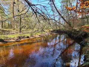 A calm river with reflections of trees and a clear sky.