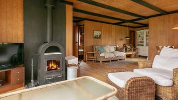 Una sala de estar acogedora con chimenea, muebles de mimbre y televisor.