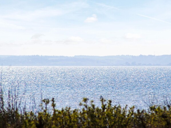 A calm body of water with a distant shoreline.