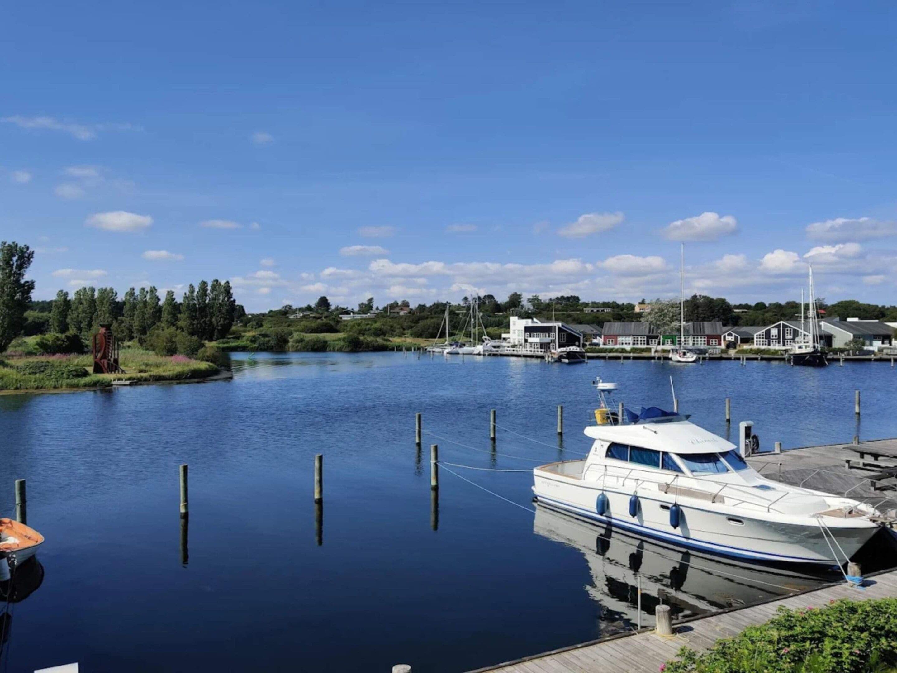 A marina with boats docked, a wooden dock, and houses in the background.