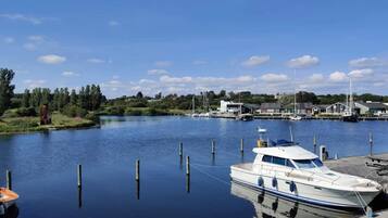 A marina with boats docked, a wooden dock, and houses in the background.