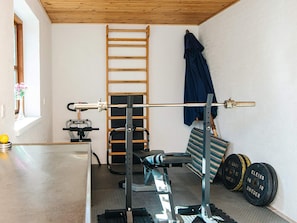 A home gym with a bench press, a squat rack, a pull-up bar, and weight plates. - 5 Star Holiday Home in Hojslev (Hojslev)