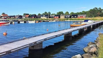 A pier extending over calm water with boats docked, surrounded by houses and greenery.