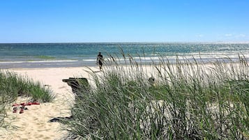 A beach with sand, grass, and a person walking.