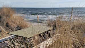 En strand med en träkonstruktion, eventuellt ett skydd, omgiven av högt gräs.