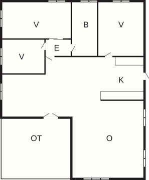 A floor plan with labeled rooms V, B, K, OT, and O. - 5 Person Holiday Home in Juelsminde (Horsens)