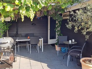 Une terrasse extérieure équipée d’un barbecue, d’une table à manger, de chaises et de plantes en pot.