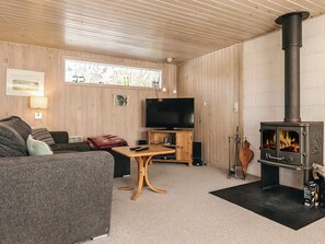 A cozy living room with a sofa, a television, a small table, and a wood-burning stove. - 5 Person Holiday Home in Hurup Thy (Hurup Thy)