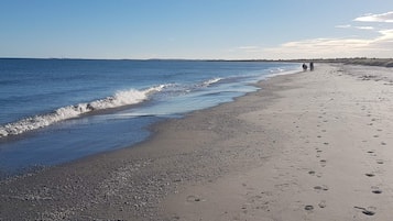 En strand med en stenet bund, klar himmel og fodspor, der fører ned til vandet.