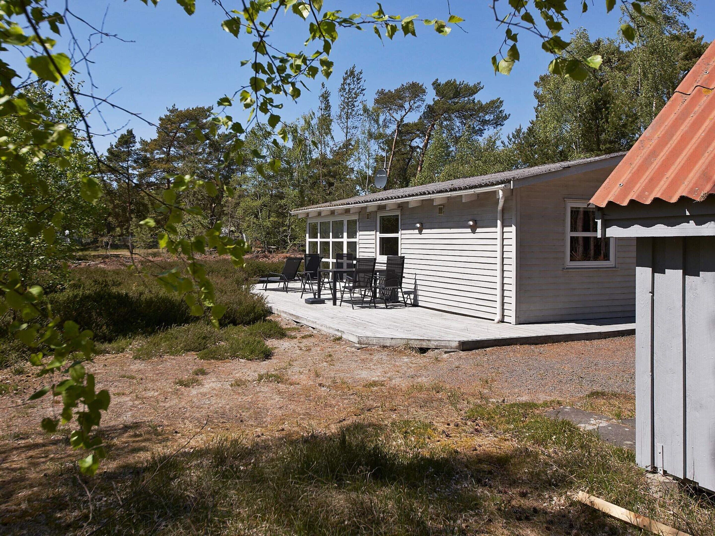 A single-story building with a covered patio area, a small shed, and a natural landscape with trees and shrubs.