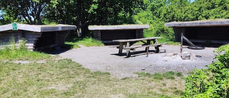 A picnic area with a wooden table and benches, surrounded by stone structures and greenery.