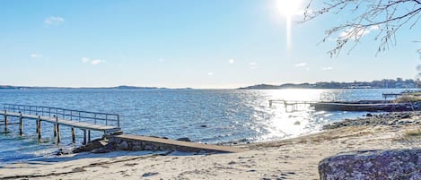 A beach with a wooden pier extending into calm waters, a rocky shoreline, and a clear sky.