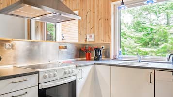 Una cucina moderna con piano cottura e forno in acciaio inox, e un'ampia finestra vista verde.