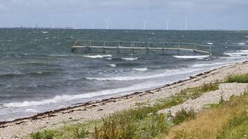A coastal scene with a rocky beach, waves, and wind turbines in the distance.