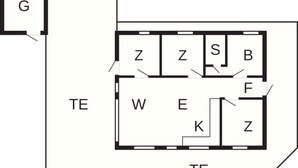 Een plattegrond met de kamers aangeduid met de letters Z, S, B, W, E, F en K, en een apart gebied gelabeld met G.