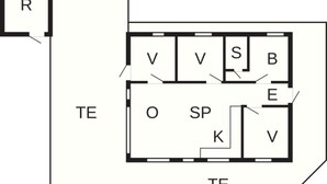 Een plattegrond met aangeduide kamers: R, TE, V, S, B, O, SP, K, en E.