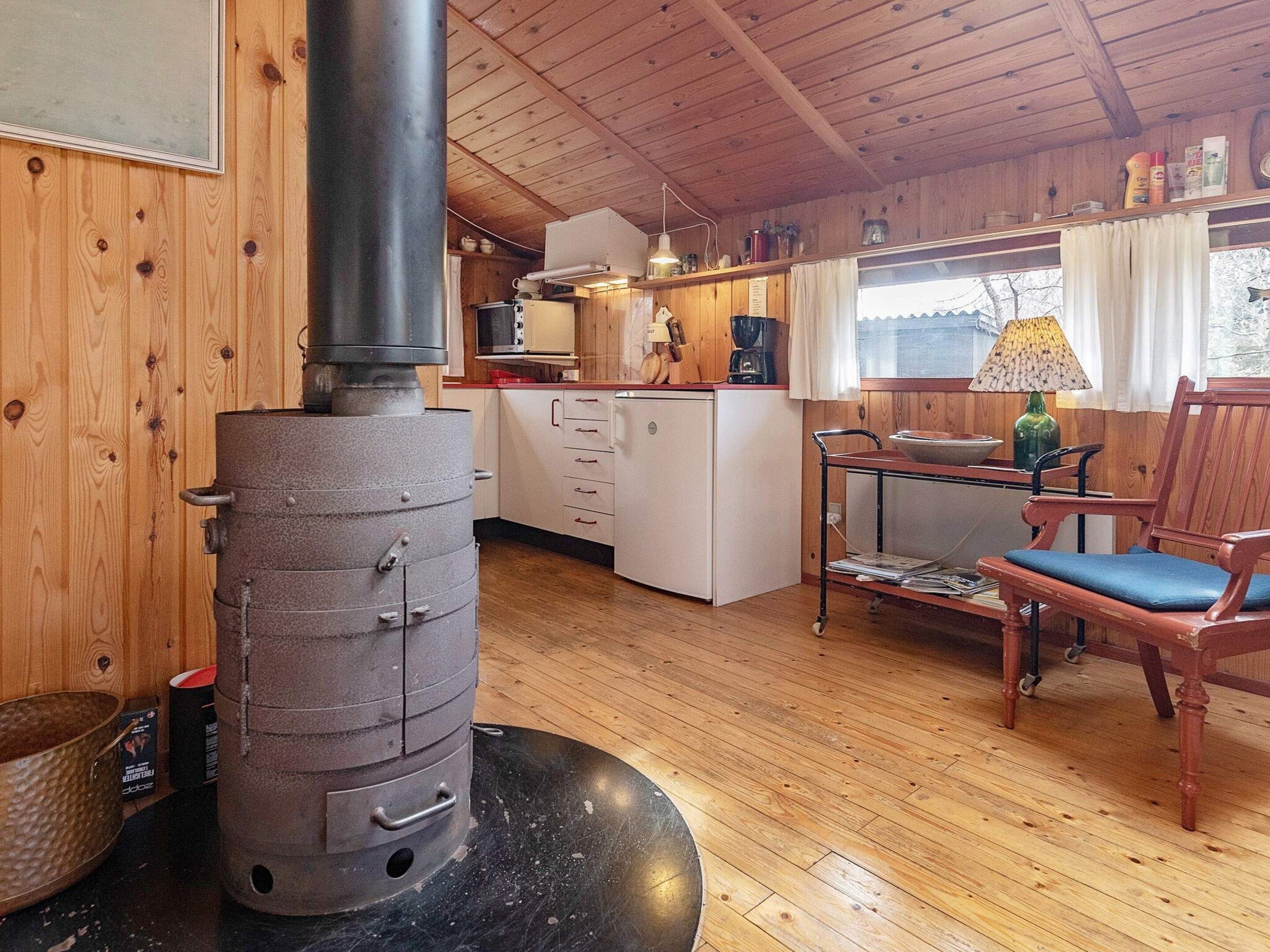 A rustic cabin interior with a wood stove, a dining area with a table and chairs, and a kitchen with cabinets and appliances.