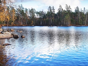 Un lago tranquilo rodeado de árboles y una orilla rocosa.