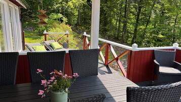 A covered outdoor deck with wicker furniture and a table with a potted plant.