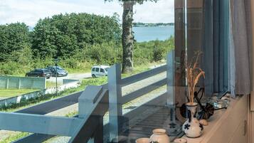Vista desde una ventana sobre un lago, una terraza de madera y un estacionamiento con coches.