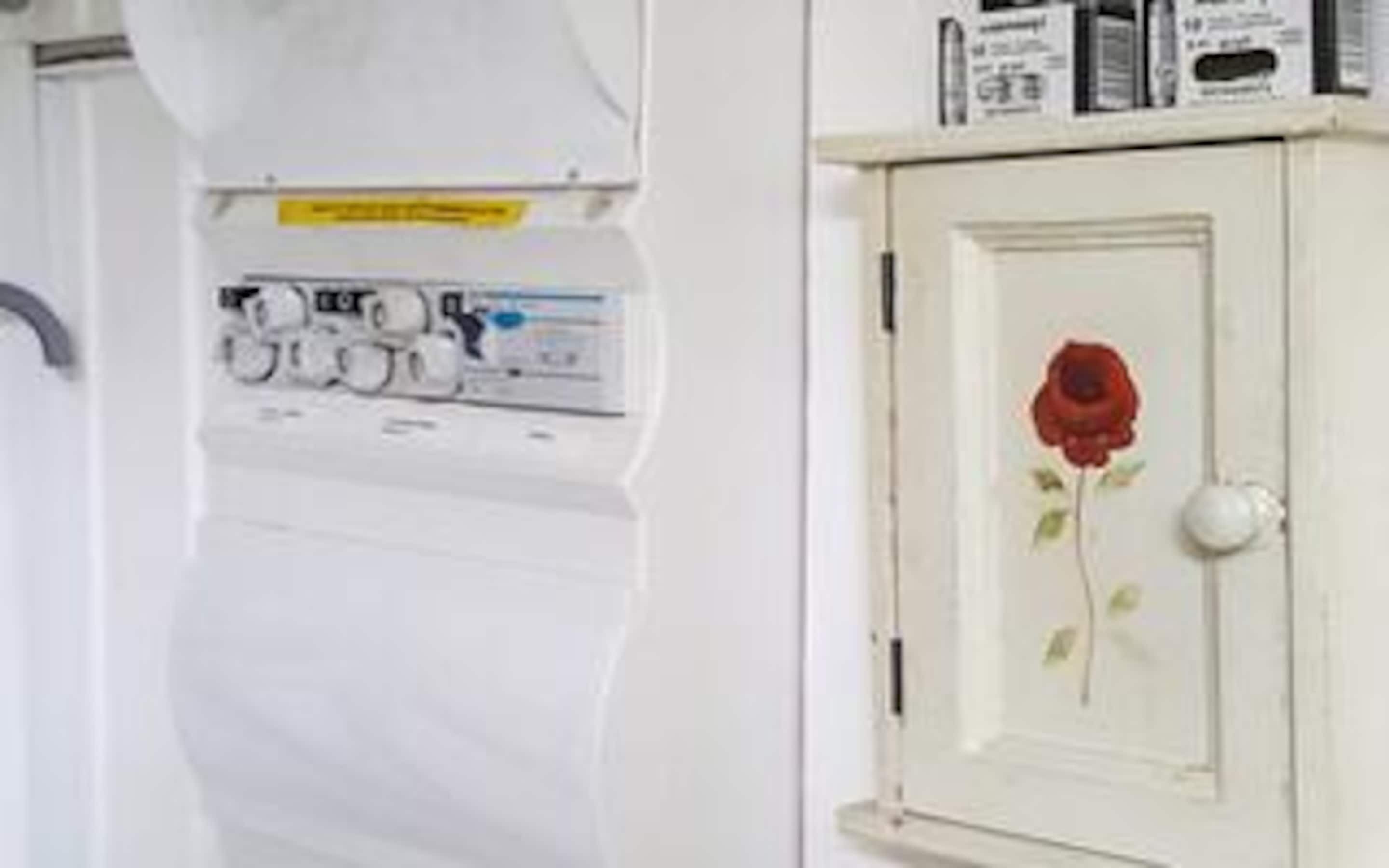 Un mueble blanco con una puerta que tiene una rosa roja.