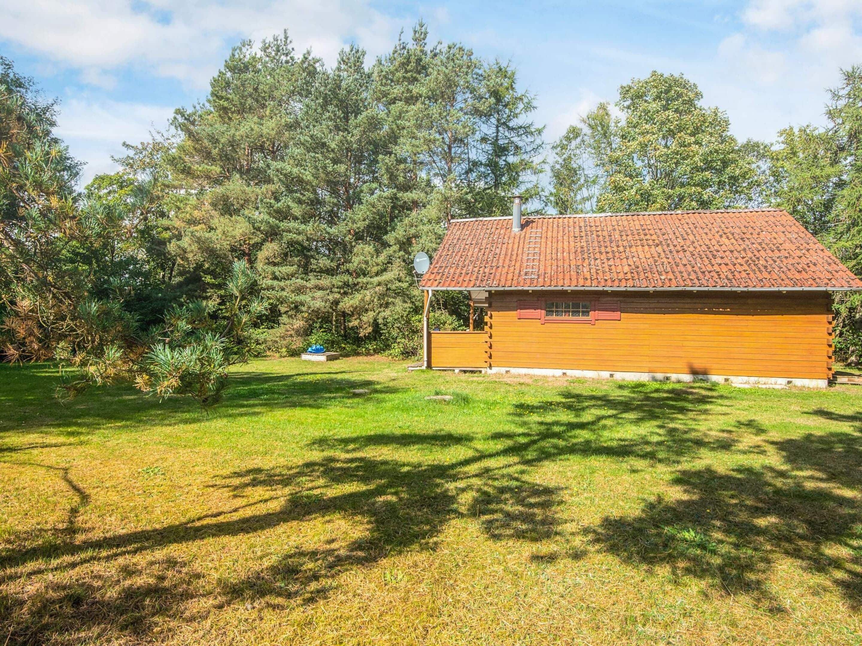 A single-story wooden cabin with a tiled roof, surrounded by a grassy yard and dense trees.